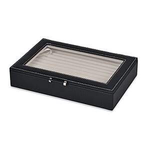 Black Faux Leather Anti- Tarnish Lining Ring and Earrings Box with Glass Window (Approx 100 Slots)