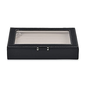 Black Faux Leather Anti- Tarnish Lining Ring and Earrings Box with Glass Window (Approx 100 Slots)