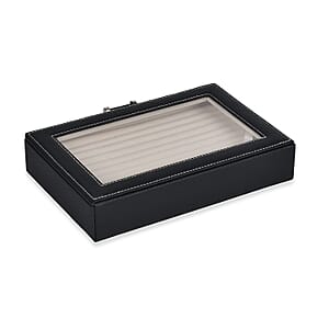 Black Faux Leather Anti- Tarnish Lining Ring and Earrings Box with Glass Window (Approx 100 Slots)