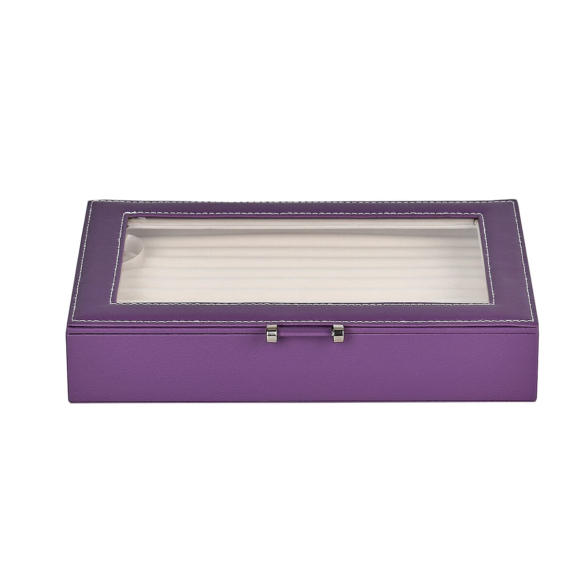 Dark Purple Faux Leather Anti Tarnish Lining Ring and Earrings Box with Glass Window (Approx 100 Slot) image number 1