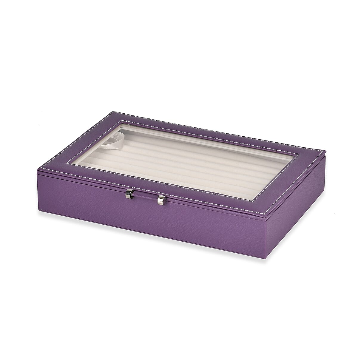 Dark Purple Faux Leather Anti Tarnish Lining Ring and Earrings Box with Glass Window (Approx 100 Slot) image number 2