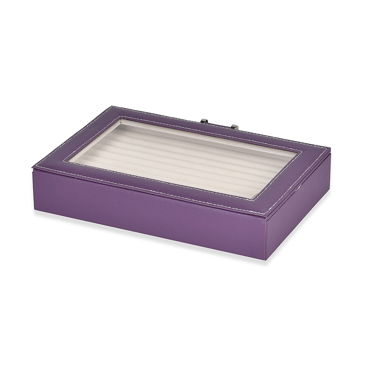 Dark Purple Faux Leather Anti Tarnish Lining Ring and Earrings Box with Glass Window (Approx 100 Slot) image number 3