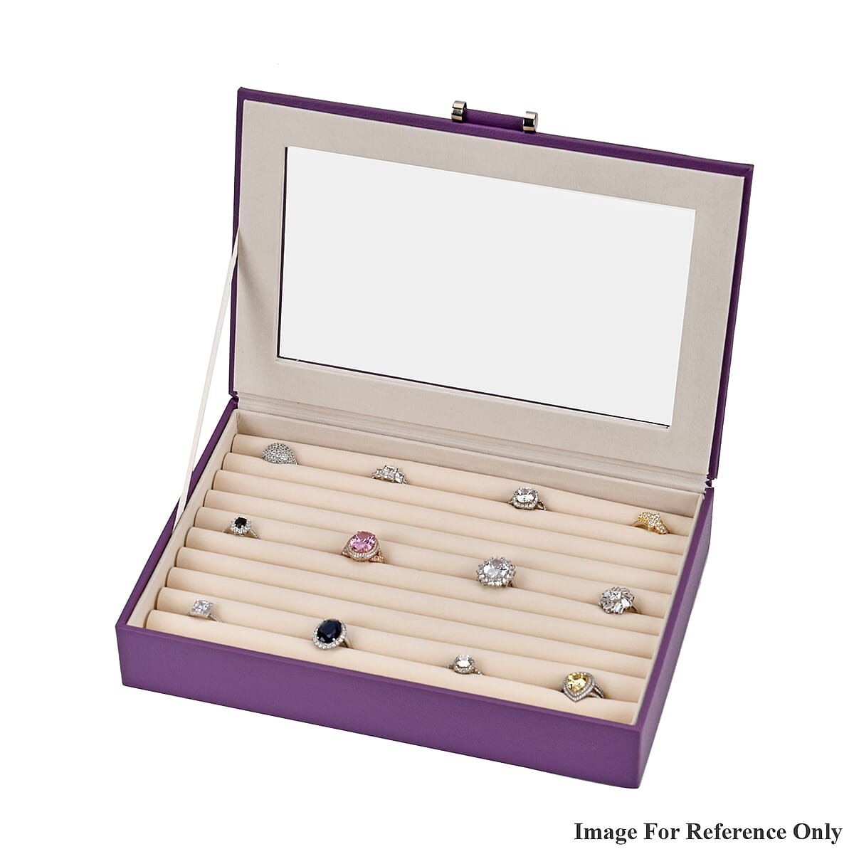 Dark Purple Faux Leather Anti Tarnish Lining Ring and Earrings Box with Glass Window (Approx 100 Slot) image number 5