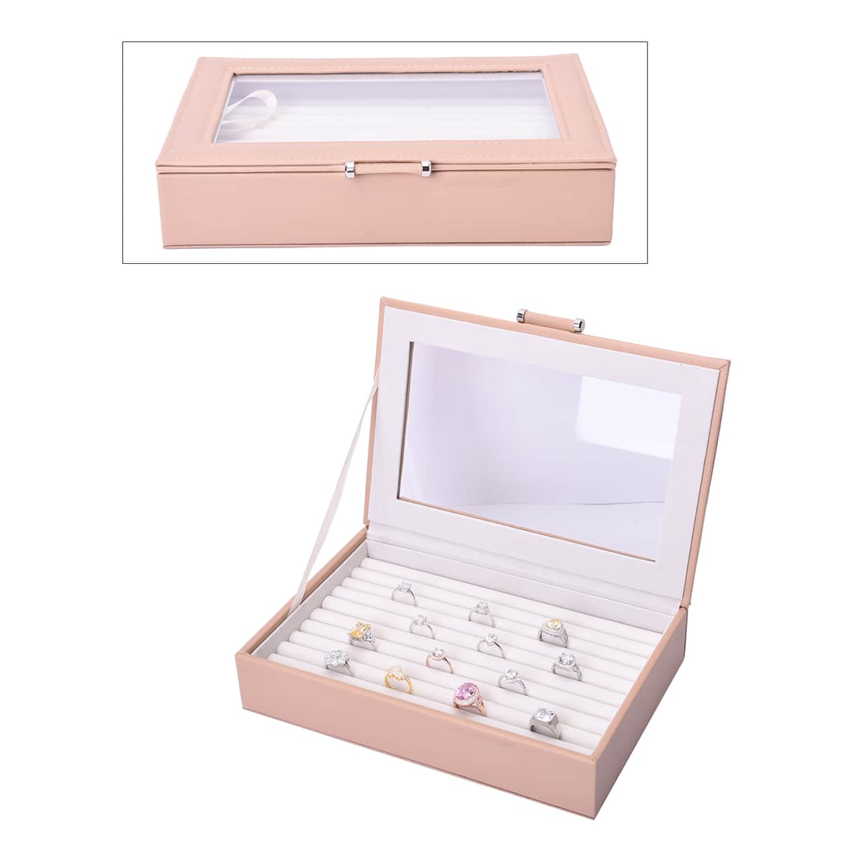 Beige Faux Leather Anti Tarnish Lining Ring and Earrings Box with Glass Window (Approx 100 Slot) image number 0