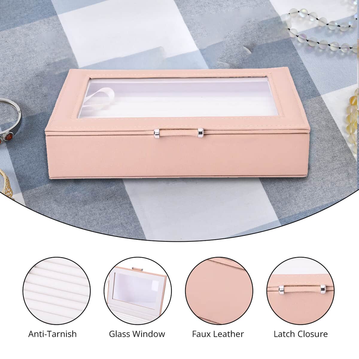 Beige Faux Leather Anti Tarnish Lining Ring and Earrings Box with Glass Window (Approx 100 Slot) image number 1