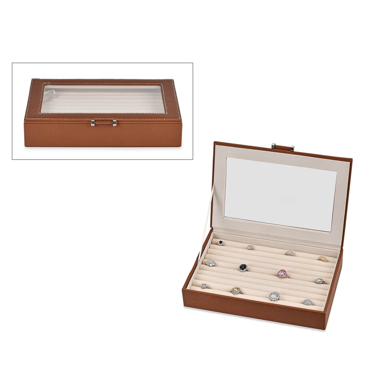 Dark Brown Faux Leather Anti- Tarnish Lining Ring and Earrings Box with Glass Window (Approx 100 Slots) image number 0