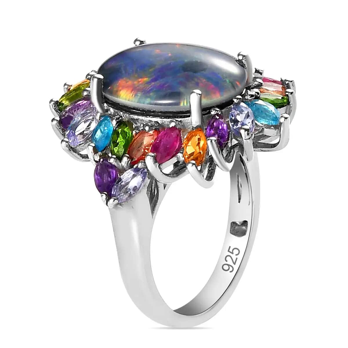 Australian Boulder Opal Triplet, Multi Gemstone Floral Spray Ring in Platinum Over Sterling Silver 5.65 ctw image number 4