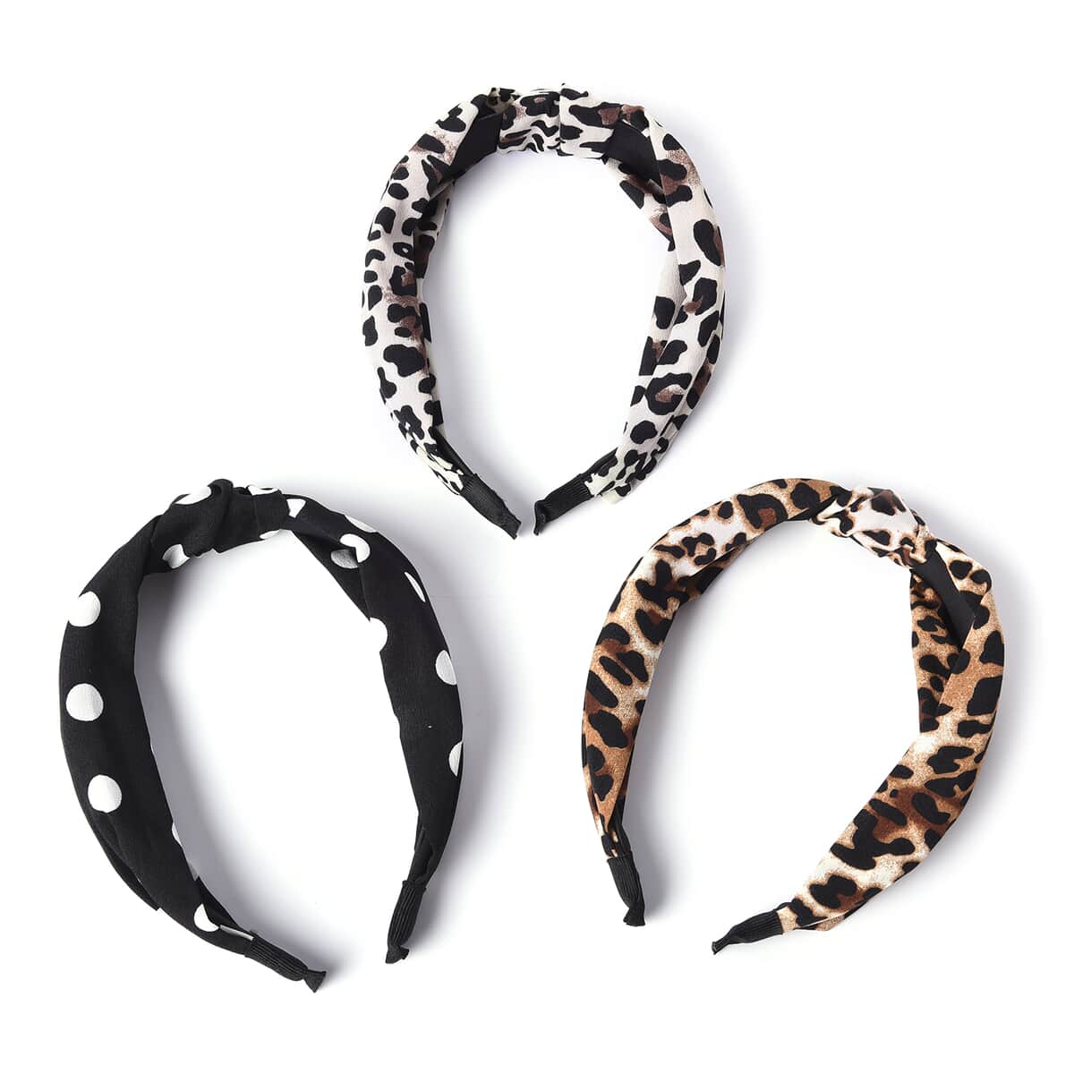 Set of 3 Coffee, Black Leopard and Polka Dot Print Pattern Wide-Brimmed Headband image number 0