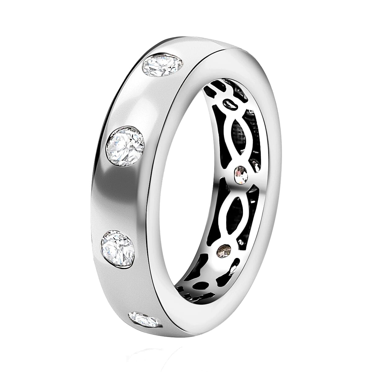Moissanite 0.90 ctw Band Ring, Platinum Over Sterling Silver Ring, Moissanite Jewelry, Flush Set Ring (Size 10)