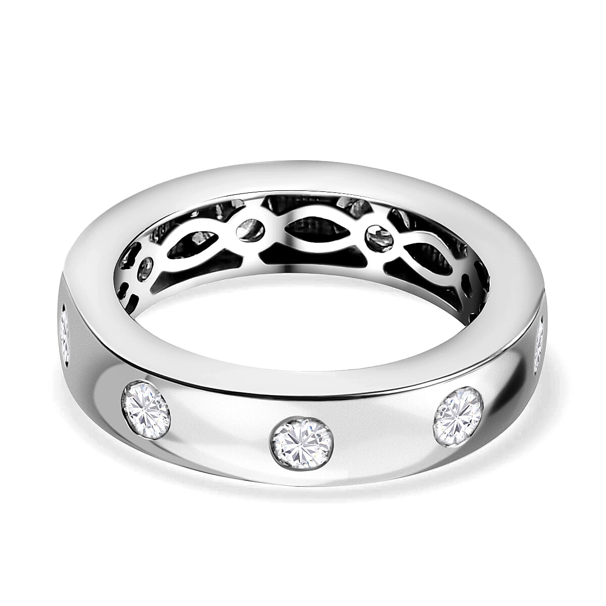 Moissanite 0.90 ctw Band Ring, Platinum Over Sterling Silver Ring, Moissanite Jewelry, Flush Set Ring (Size 10)