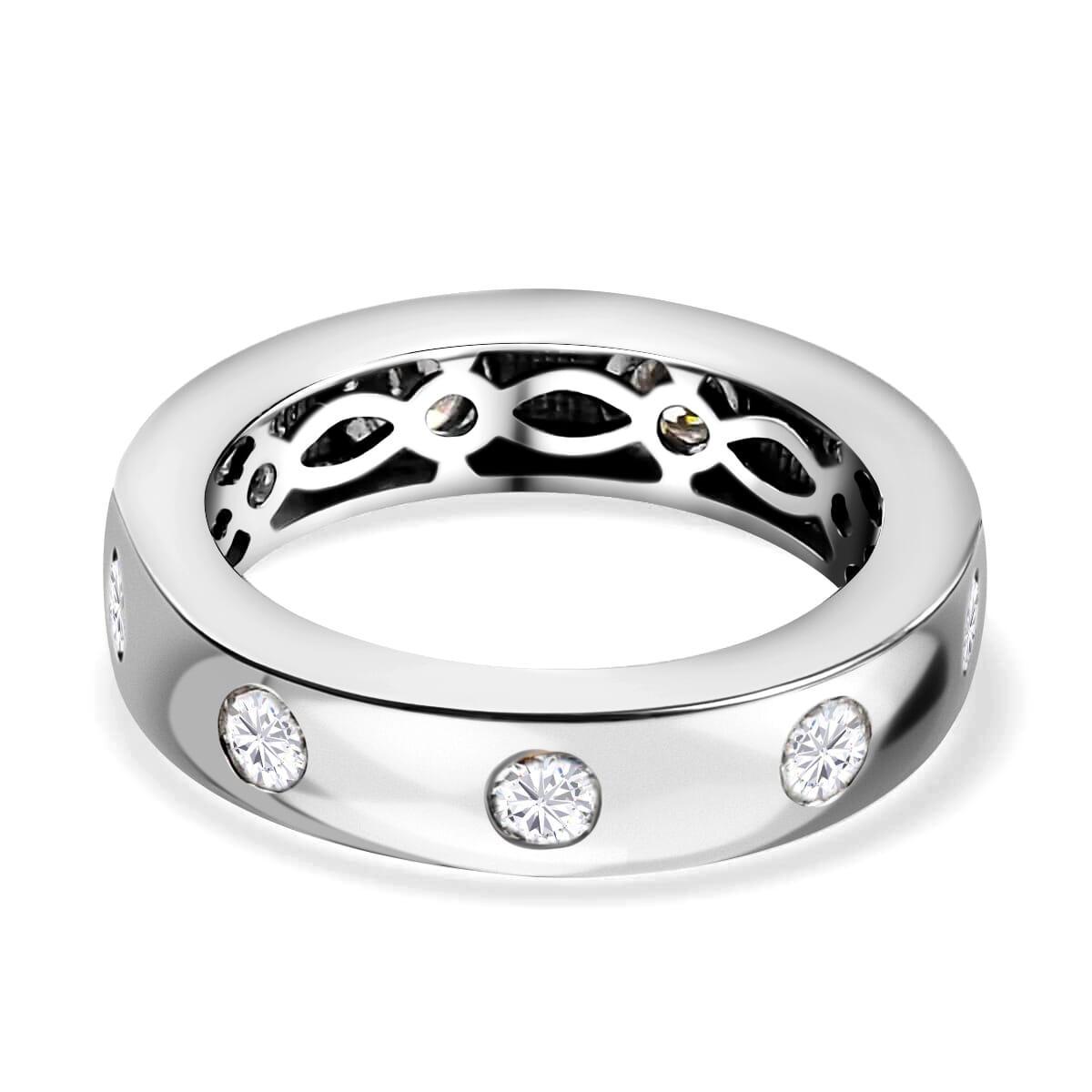 Moissanite 0.90 ctw Band Ring, Platinum Over Sterling Silver Ring, Moissanite Jewelry, Flush Set Ring (Size 9) image number 5