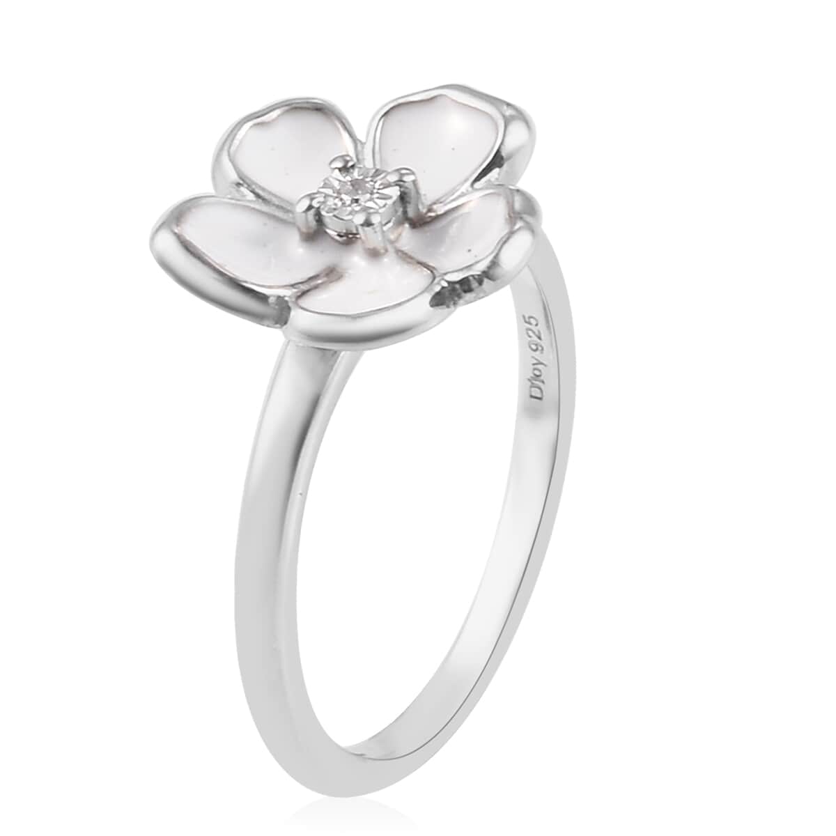 Diamond and Enameled Accent Floral Ring in Platinum Over Sterling Silver (Size 10.0) image number 3