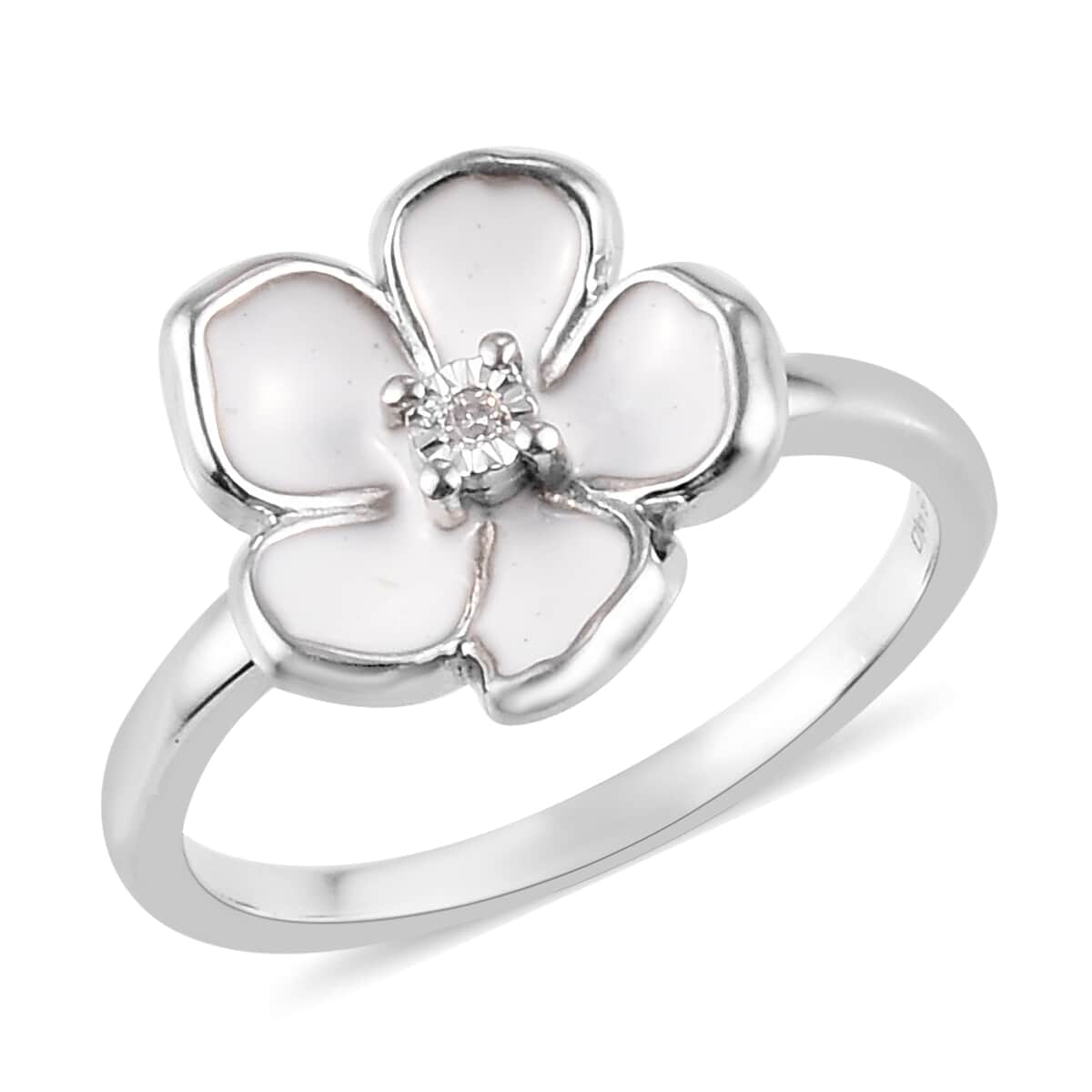 Diamond and Enameled Accent Floral Ring in Platinum Over Sterling Silver (Size 11.0) image number 0