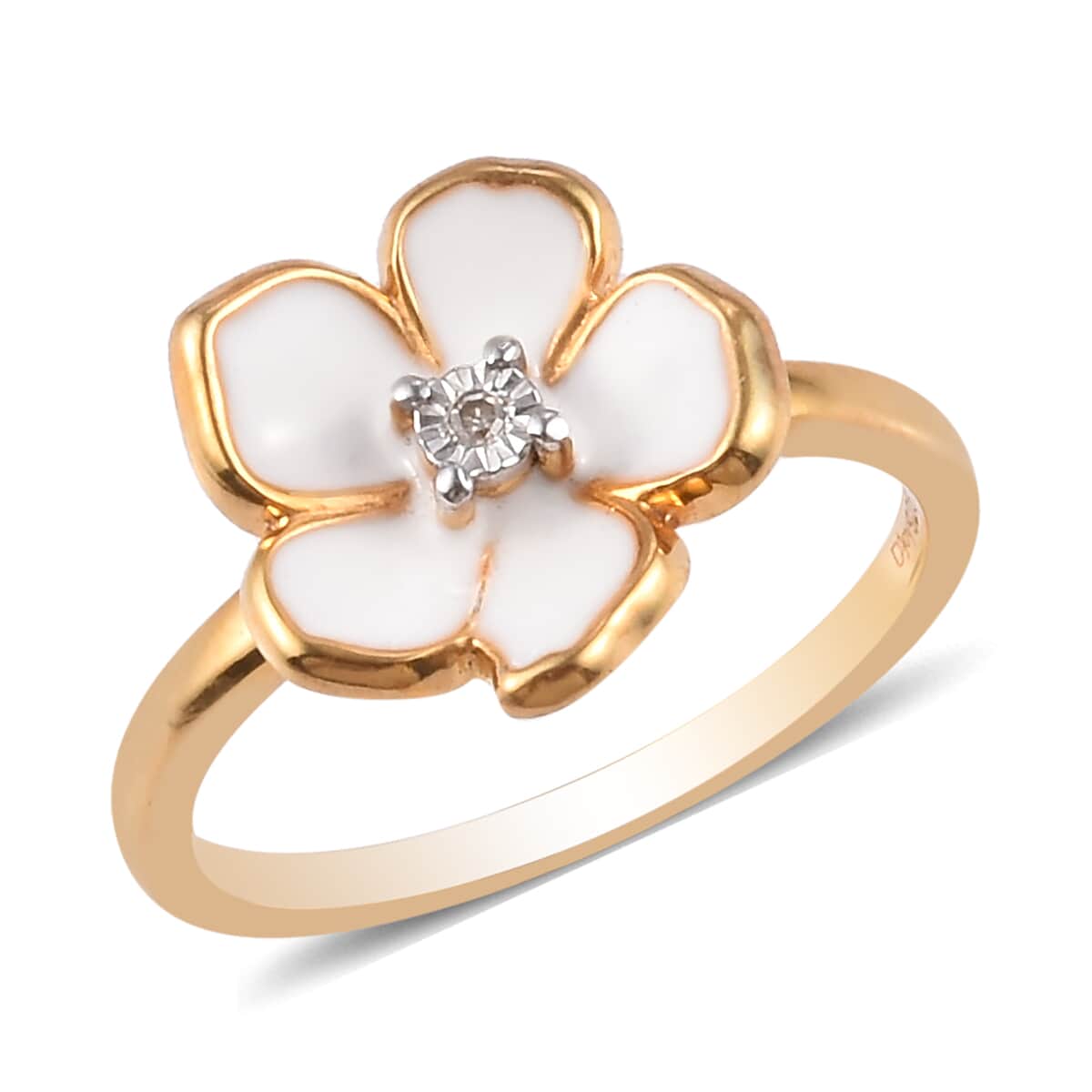 Diamond and Enameled Accent Floral Ring in 14K Yellow Gold Over Sterling Silver (Size 11.0) image number 0