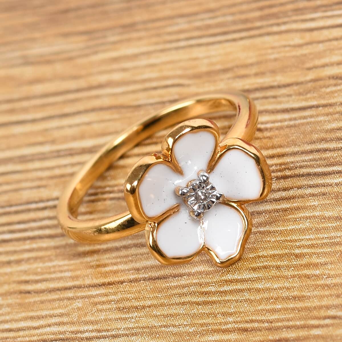 Diamond and Enameled Accent Floral Ring in 14K Yellow Gold Over Sterling Silver (Size 11.0) image number 1