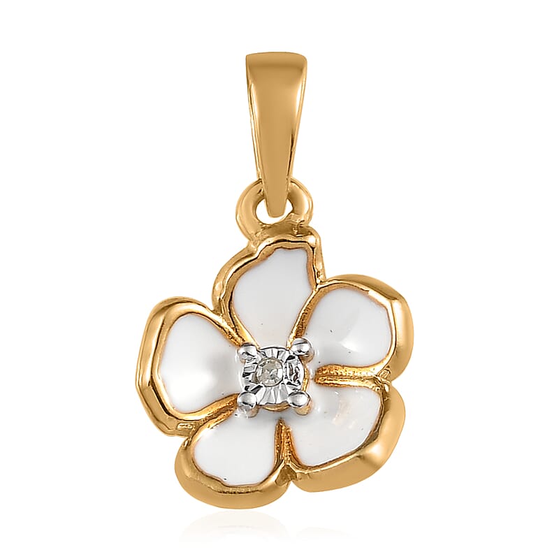 Diamond Accent and Enameled Floral Pendant in 14K Yellow Gold Over Sterling Silver
