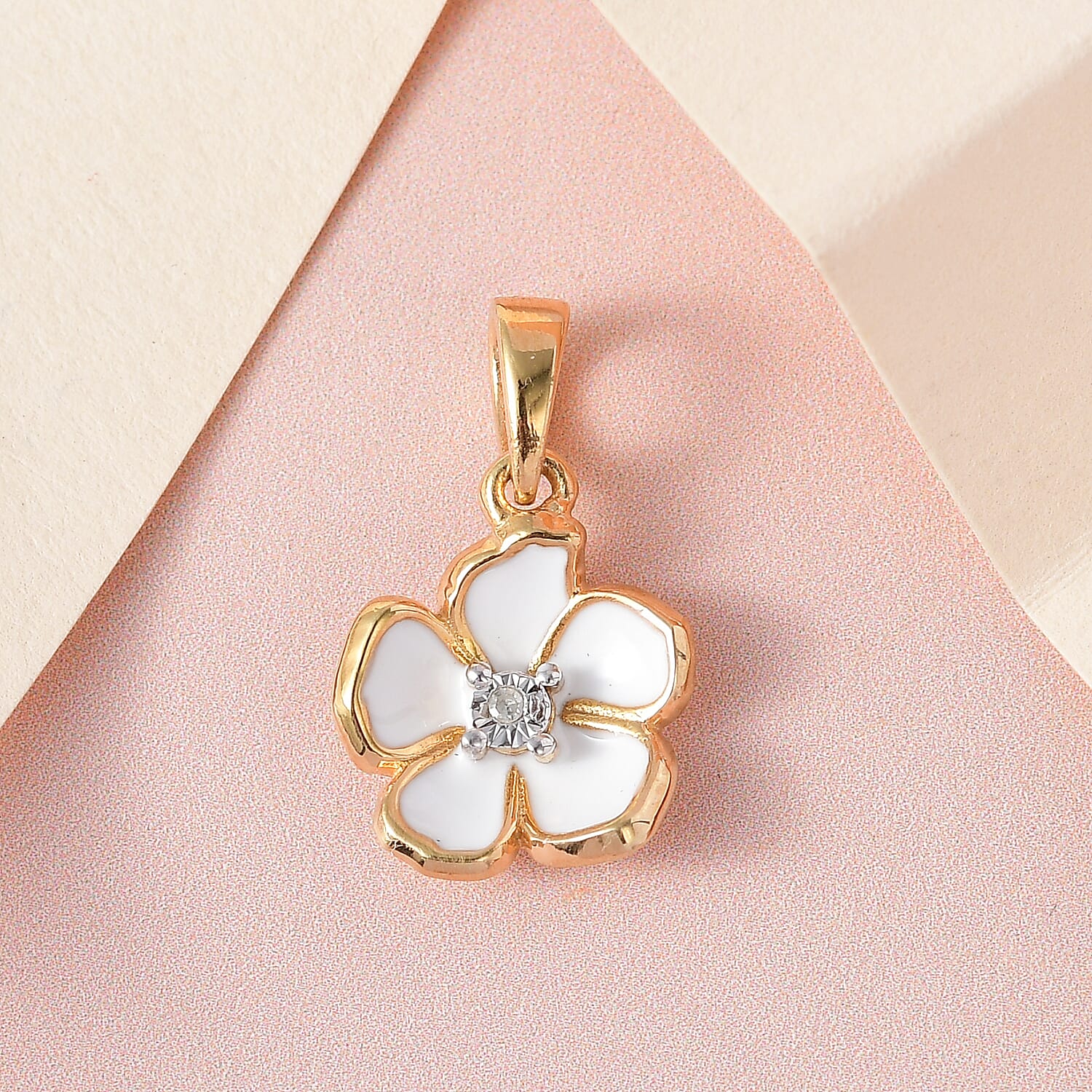 Diamond Accent and Enameled Floral Pendant in 14K Yellow Gold Over Sterling Silver