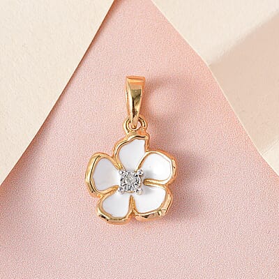 Diamond Accent and Enameled Floral Pendant in 14K Yellow Gold Over Sterling Silver