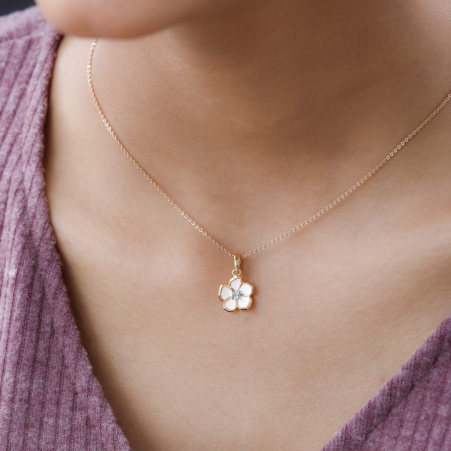 Diamond Accent and Enameled Floral Pendant in 14K Yellow Gold Over Sterling Silver