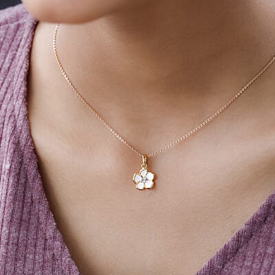Diamond Accent and Enameled Floral Pendant in 14K Yellow Gold Over Sterling Silver