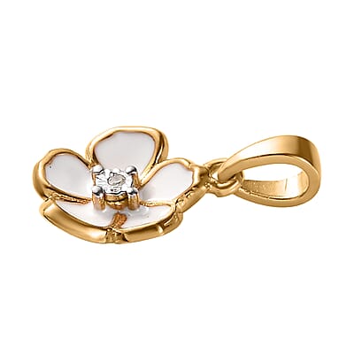 Diamond Accent and Enameled Floral Pendant in 14K Yellow Gold Over Sterling Silver
