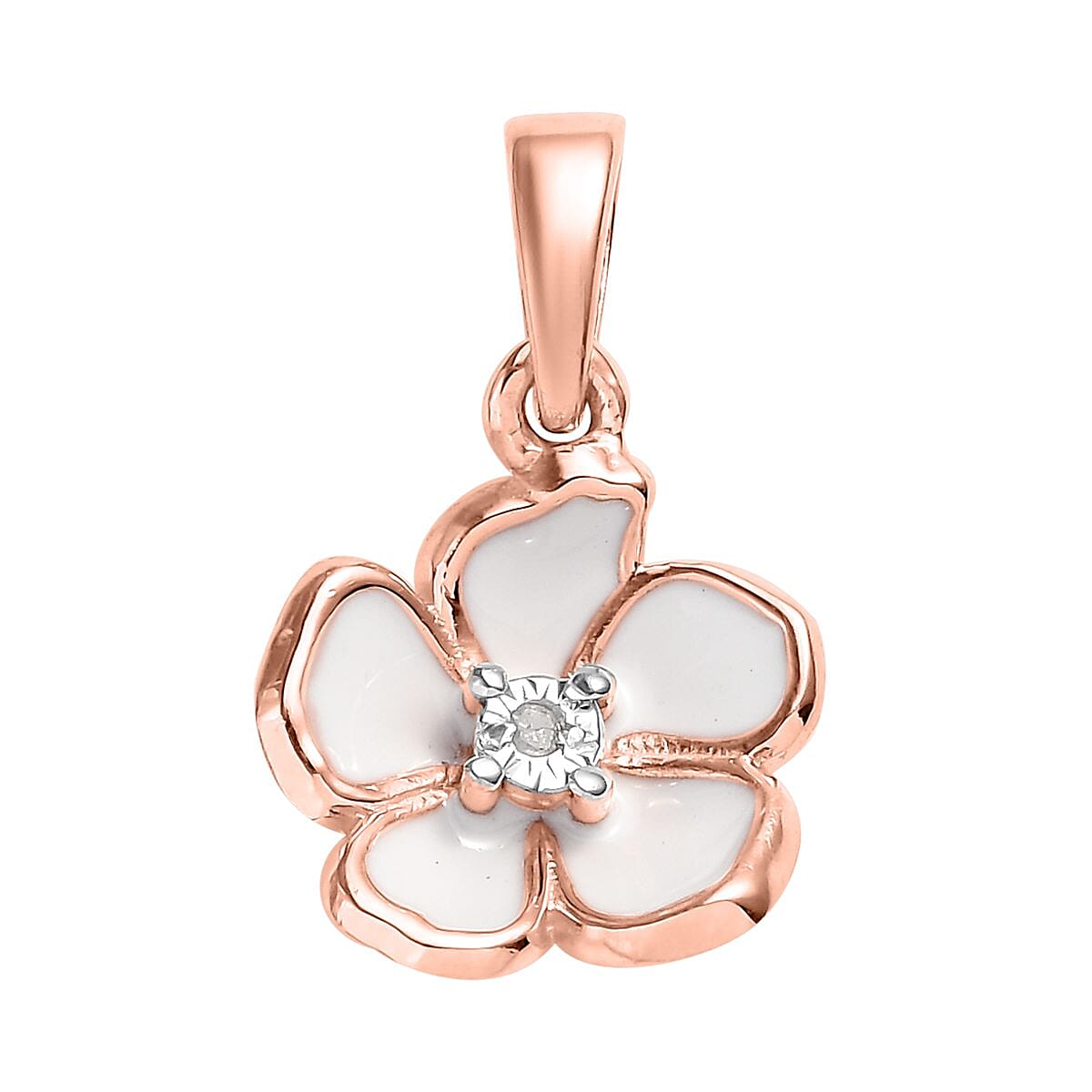 Diamond Accent and Enameled Floral Pendant in 14K Rose Gold Over Sterling Silver