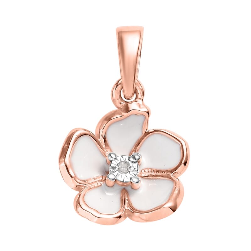 Diamond Accent and Enameled Floral Pendant in 14K Rose Gold Over Sterling Silver