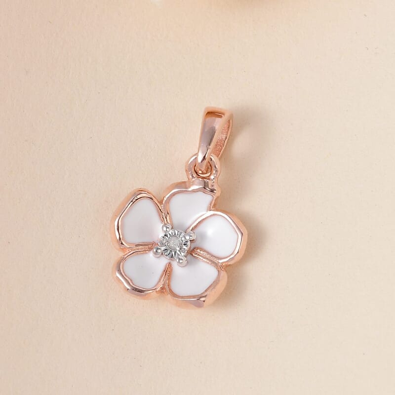 Diamond Accent and Enameled Floral Pendant in 14K Rose Gold Over Sterling Silver