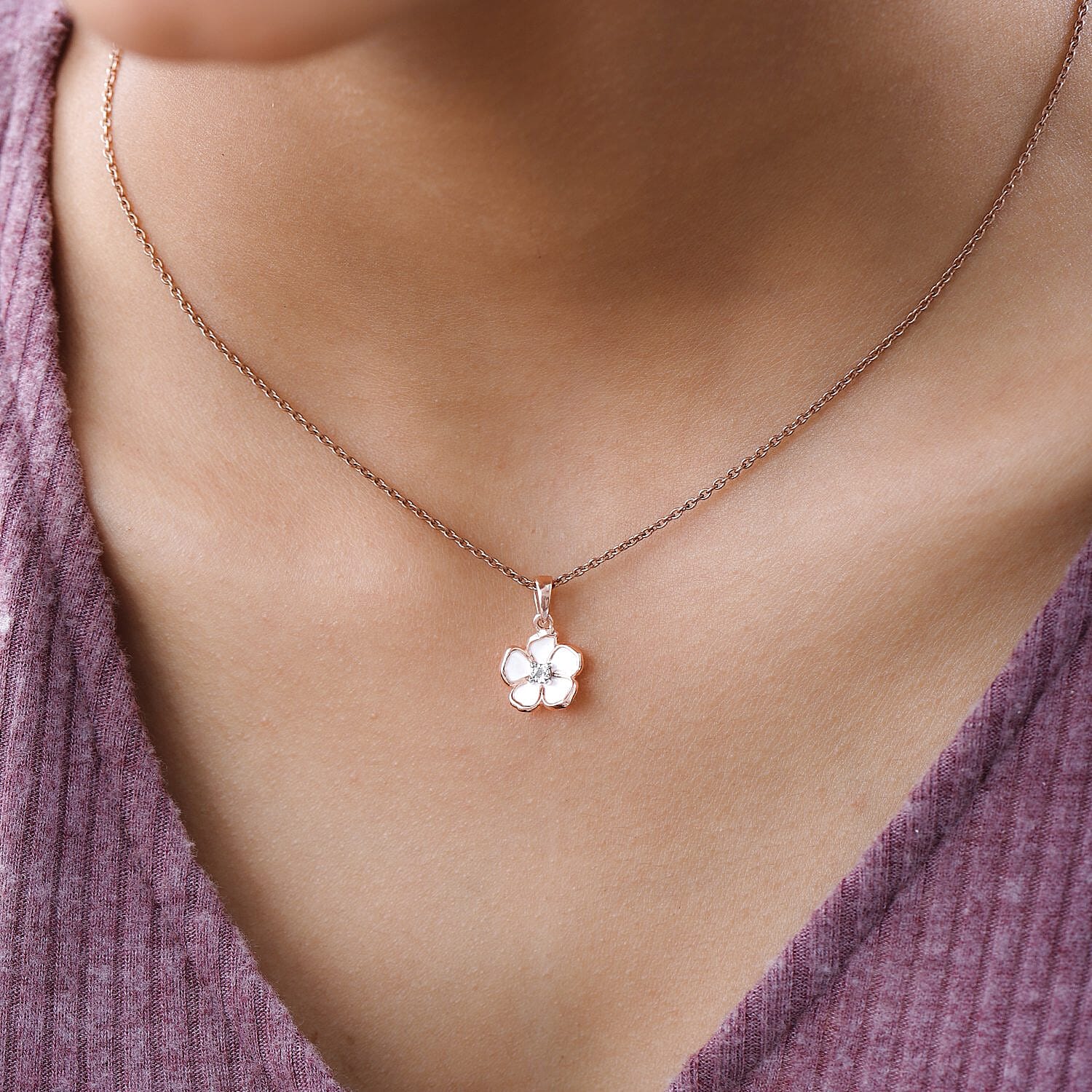 Diamond Accent and Enameled Floral Pendant in 14K Rose Gold Over Sterling Silver