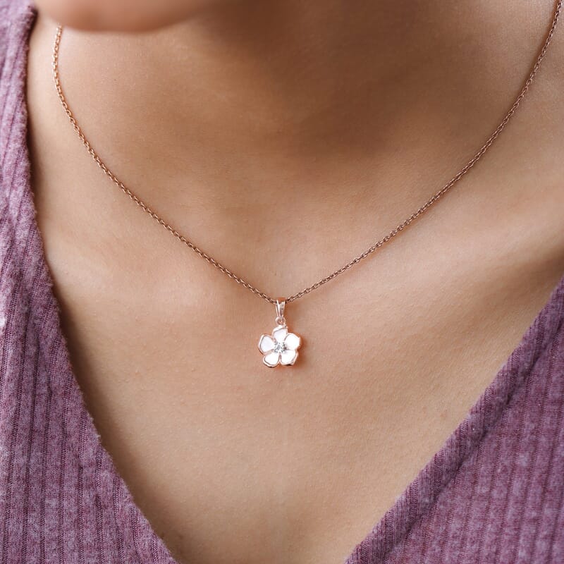Diamond Accent and Enameled Floral Pendant in 14K Rose Gold Over Sterling Silver