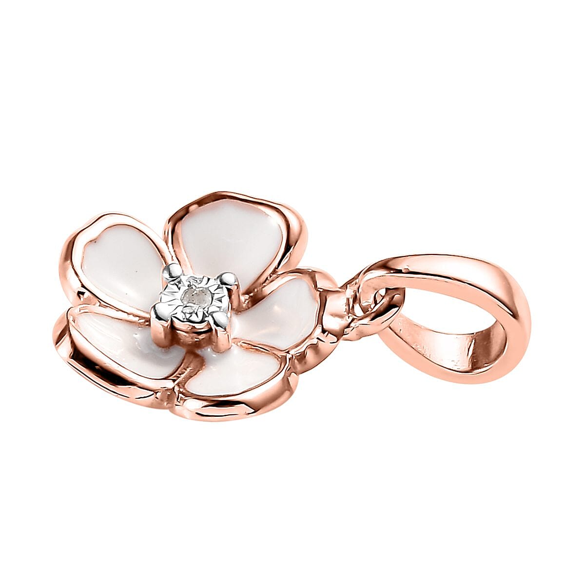 Diamond Accent and Enameled Floral Pendant in 14K Rose Gold Over Sterling Silver