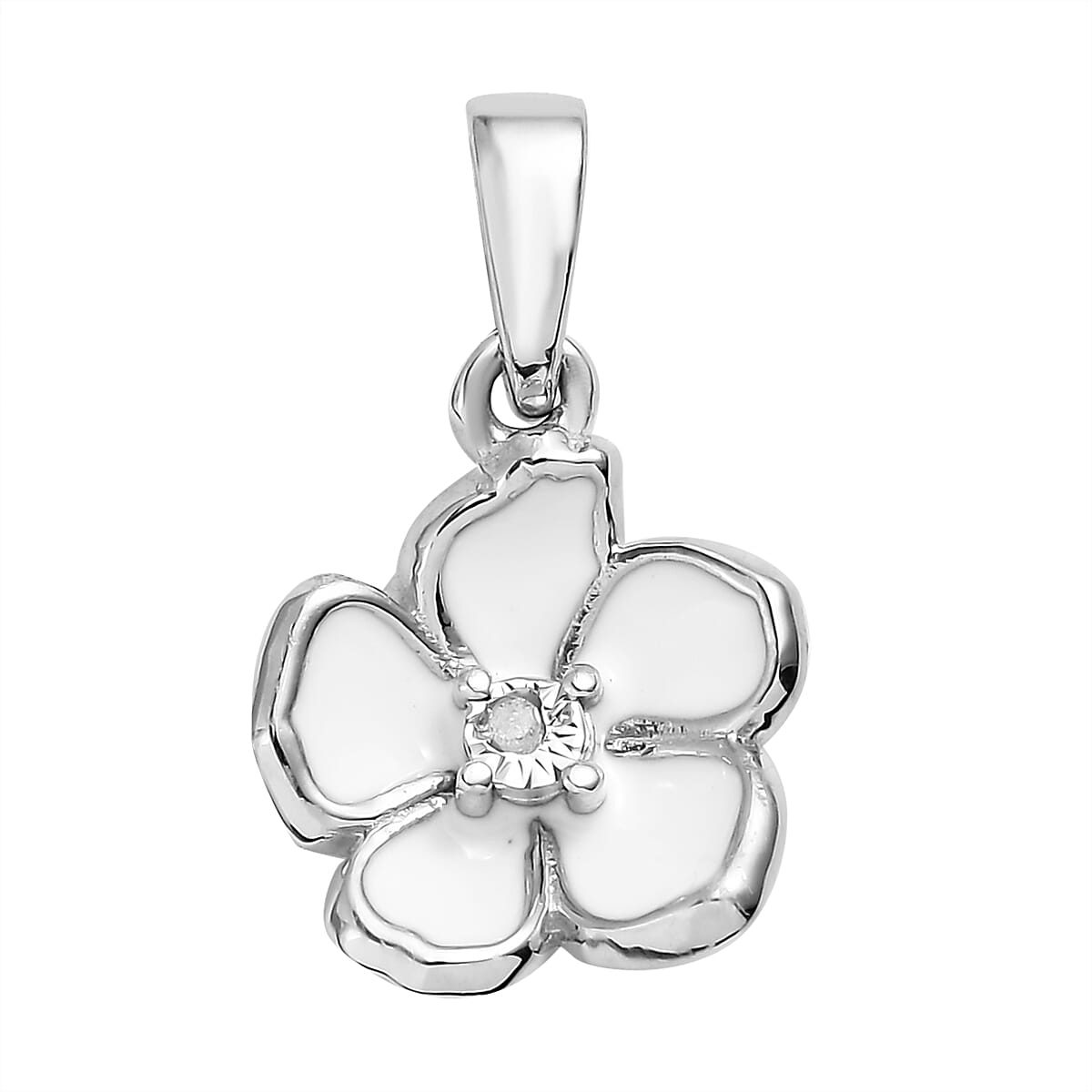 Diamond Accent and Enameled Floral Pendant in Platinum Over Sterling Silver