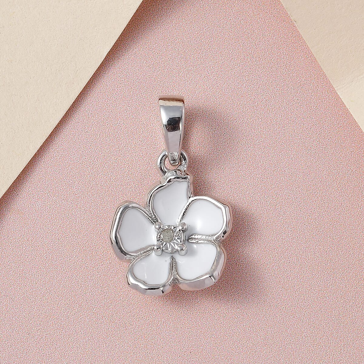 Diamond Accent and Enameled Floral Pendant in Platinum Over Sterling Silver image number 1