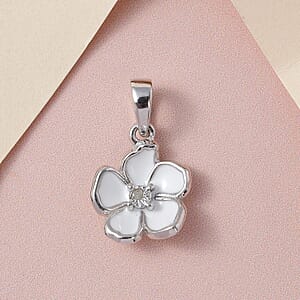 Diamond Accent and Enameled Floral Pendant in Platinum Over Sterling Silver