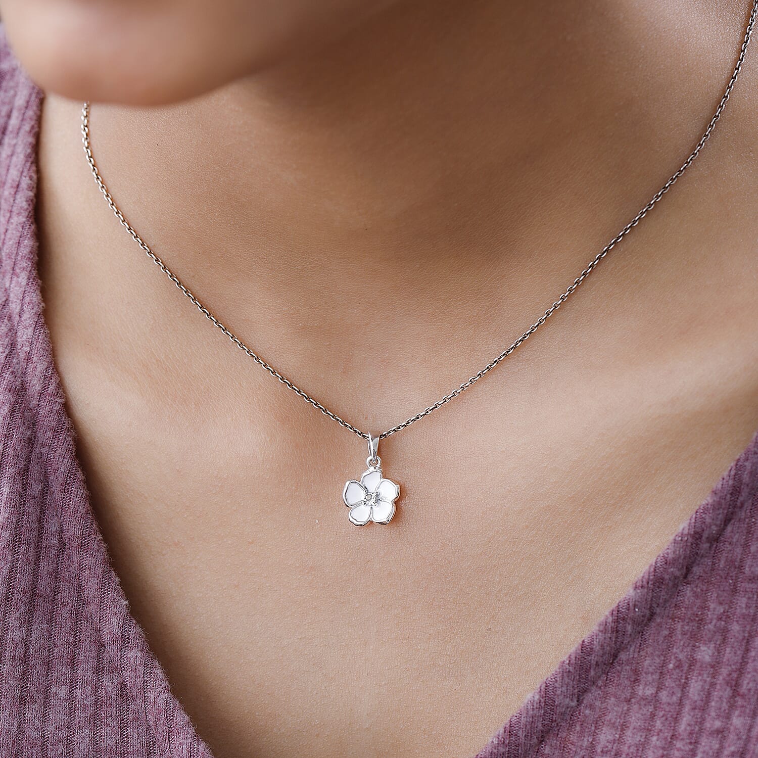 Diamond Accent and Enameled Floral Pendant in Platinum Over Sterling Silver