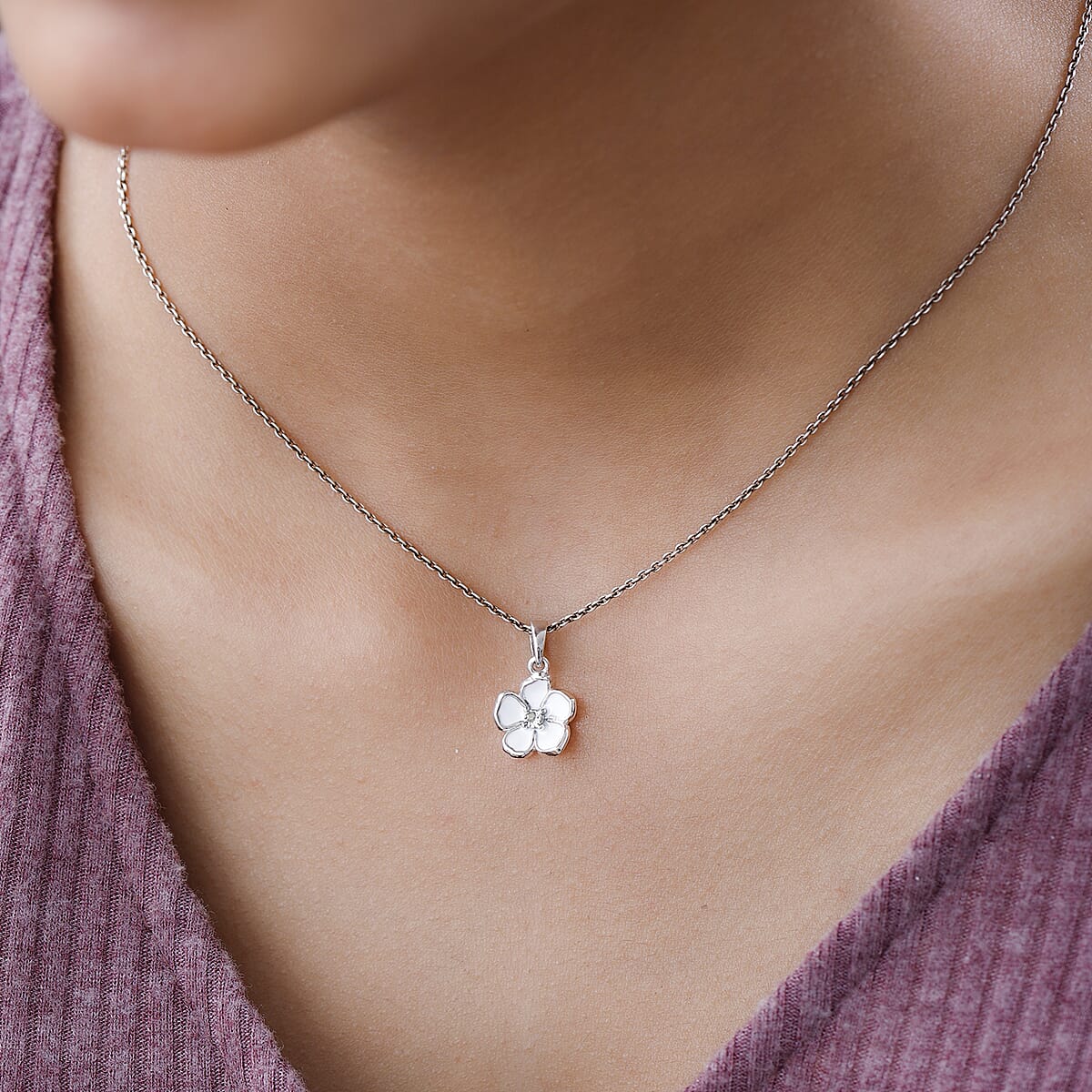 Diamond Accent and Enameled Floral Pendant in Platinum Over Sterling Silver image number 2