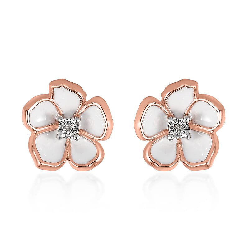 Diamond Accent and Enameled Floral Earrings in 14K Rose Gold Over Sterling Silver
