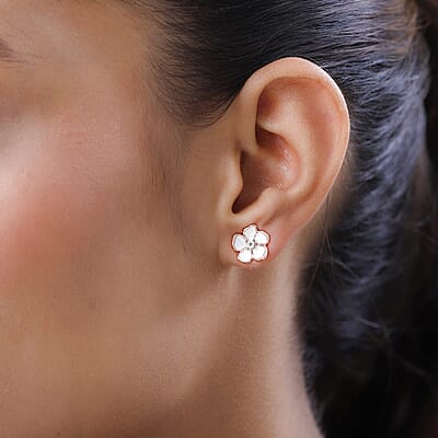 Diamond Accent and Enameled Floral Earrings in 14K Rose Gold Over Sterling Silver