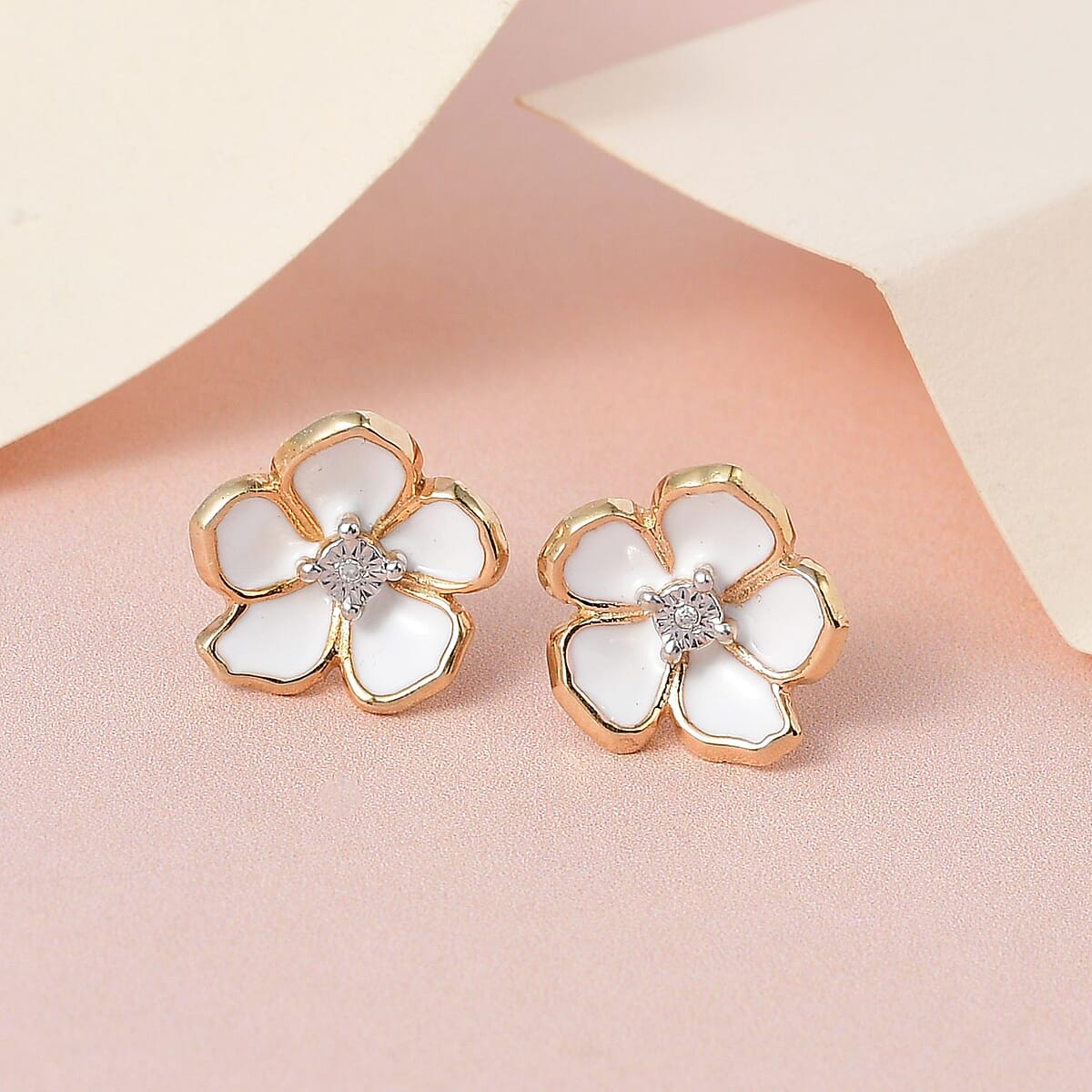 Diamond Accent and Enameled Floral Earrings in 14K Yellow Gold Over Sterling Silver image number 1