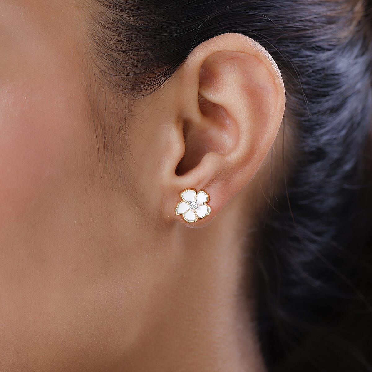 Diamond Accent and Enameled Floral Earrings in 14K Yellow Gold Over Sterling Silver image number 2