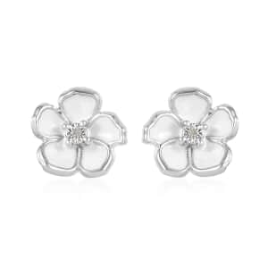 Diamond Accent and Enameled Floral Earrings in Platinum Over Sterling Silver