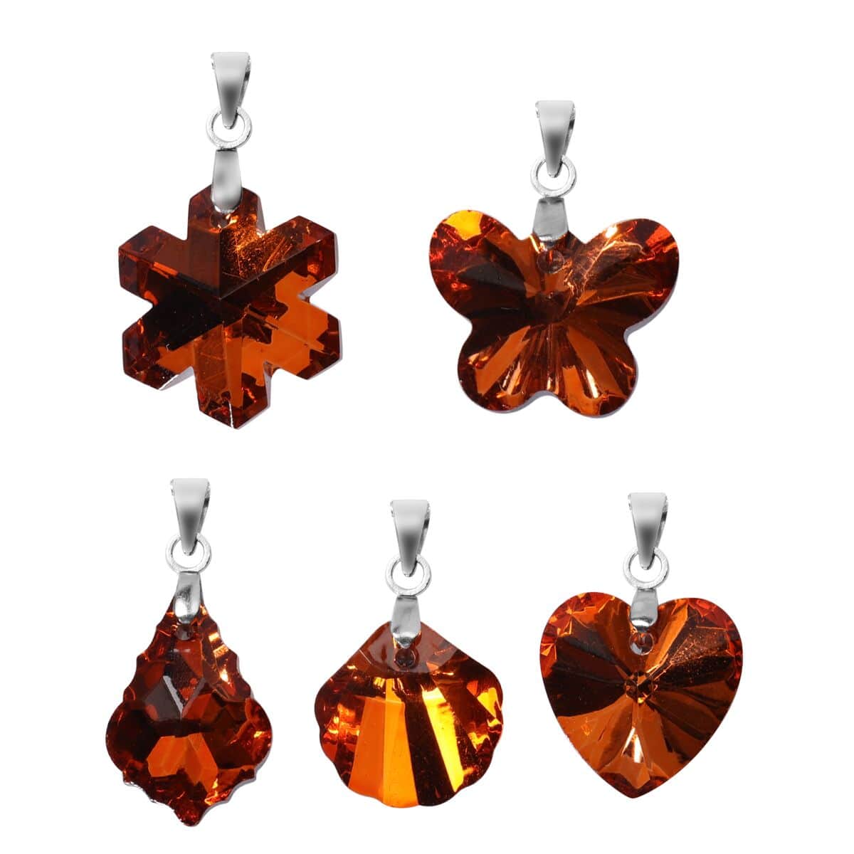 Set of 5 Orange Austrian Crystal Heart, Butterfly, Shell, Star, Heart and Fancy Shape Pendants Necklace 20-22 Inches in Silvertone image number 0