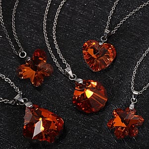 Set of 5 Orange Austrian Crystal Heart, Butterfly, Shell, Star, Heart and Fancy Shape Pendants Necklace 20-22 Inches in Silvertone