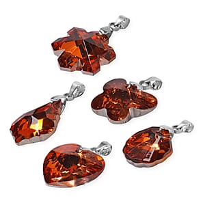 Set of 5 Orange Austrian Crystal Heart, Butterfly, Shell, Star, Heart and Fancy Shape Pendants Necklace 20-22 Inches in Silvertone