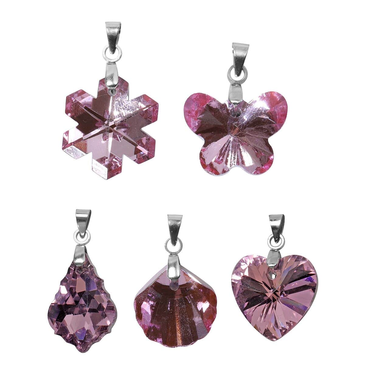 Set of 5 Pink Austrian Crystal Butterfly, Shell, Star, Heart and Fancy Shape Pendants Necklace 20-22 Inches in Silvertone image number 0