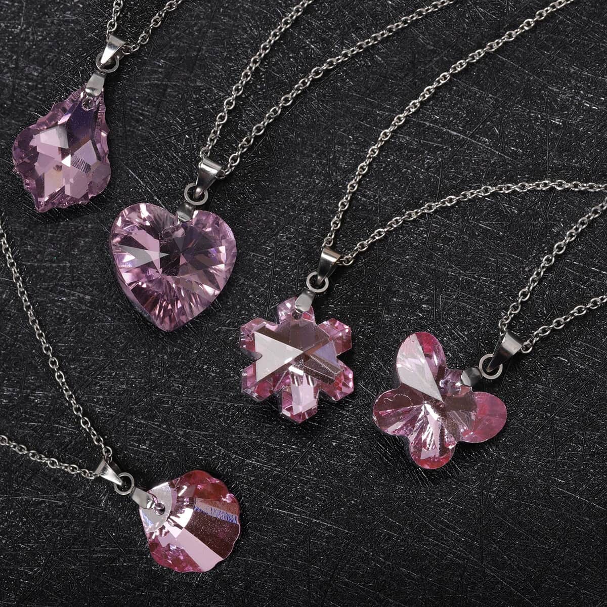 Set of 5 Pink Austrian Crystal Butterfly, Shell, Star, Heart and Fancy Shape Pendants Necklace 20-22 Inches in Silvertone image number 1