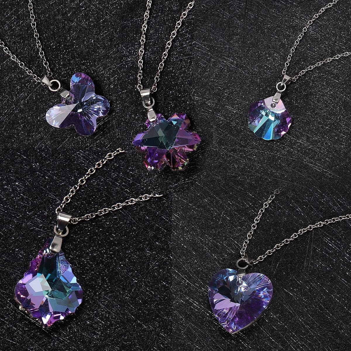 Set of 5 Purple Color Austrian Crystal Heart, Butterfly, Shell, Star, Heart and Fancy Shape Pendants Necklace 20-22 Inches in Silvertone image number 1