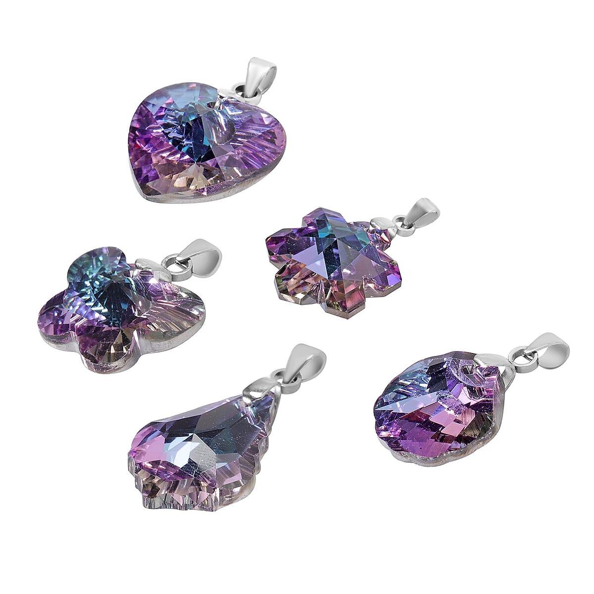 Set of 5 Purple Color Austrian Crystal Heart, Butterfly, Shell, Star, Heart and Fancy Shape Pendants Necklace 20-22 Inches in Silvertone image number 2