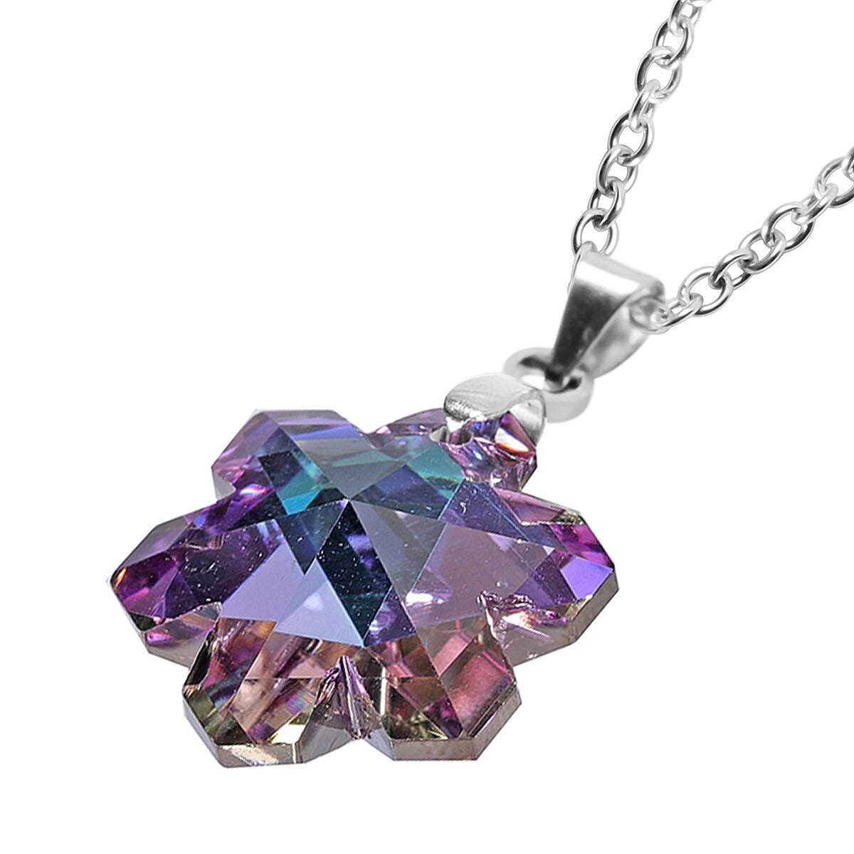 Set of 5 Purple Color Austrian Crystal Heart, Butterfly, Shell, Star, Heart and Fancy Shape Pendants Necklace 20-22 Inches in Silvertone image number 4