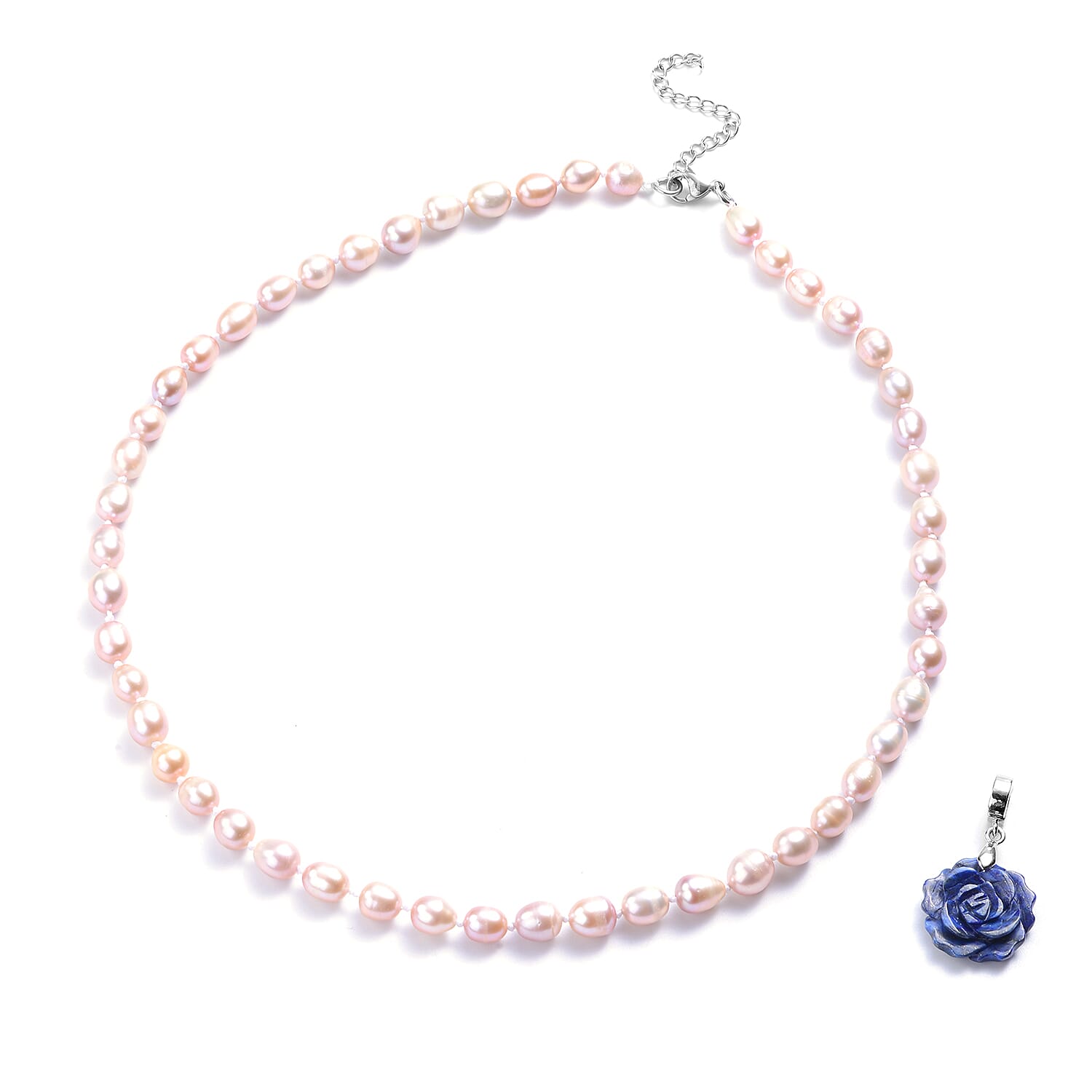 15.50 ctw Lapis Lazuli and Freshwater Purple Pearl Necklace 18-20 Inch and Enhancer Bail in Stainless Steel & Silvertone